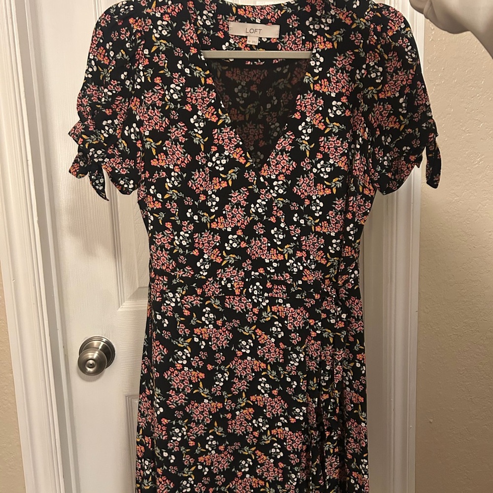 LOFT Black Dress with Pink and White Floral Pattern